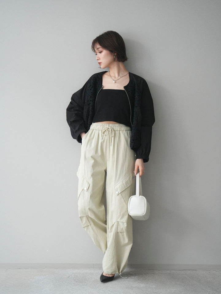 [SET]レースドッキングブルゾン+タックデザイン裾ドロストカーゴパンツ+カップ付テレコリブベアキャミソール(3set)