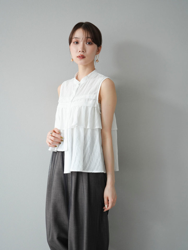 [SET]ドビーストライプアシンメトリーフリルノースリブラウス+リネンライクイージーワイドパンツ(2set)