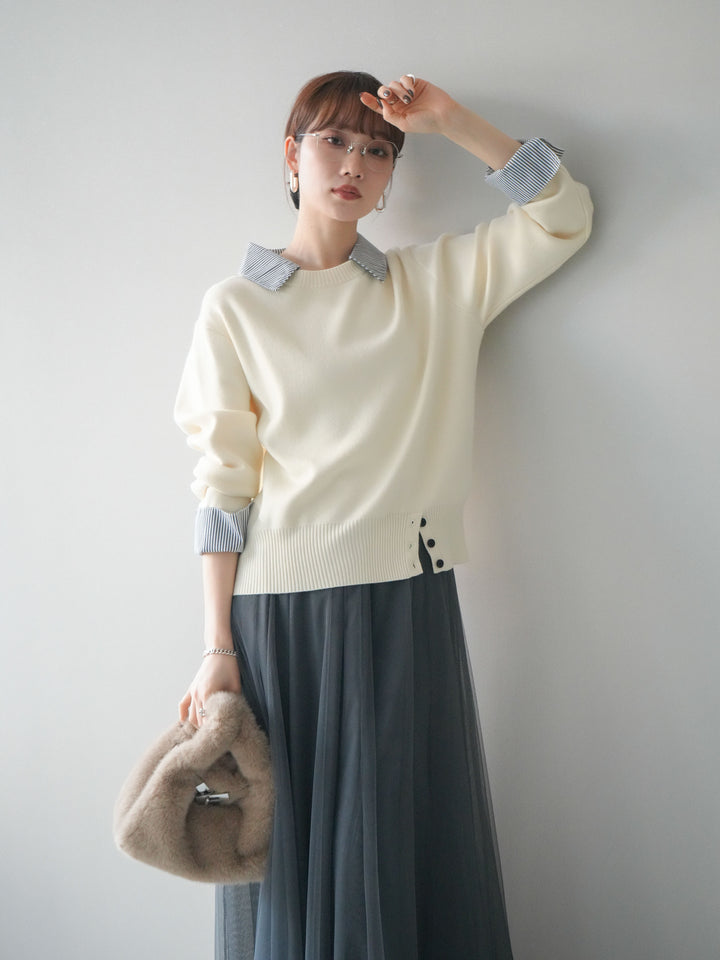 [予約]シャツドッキングデザイン裾ボタンニットプルオーバー/beige