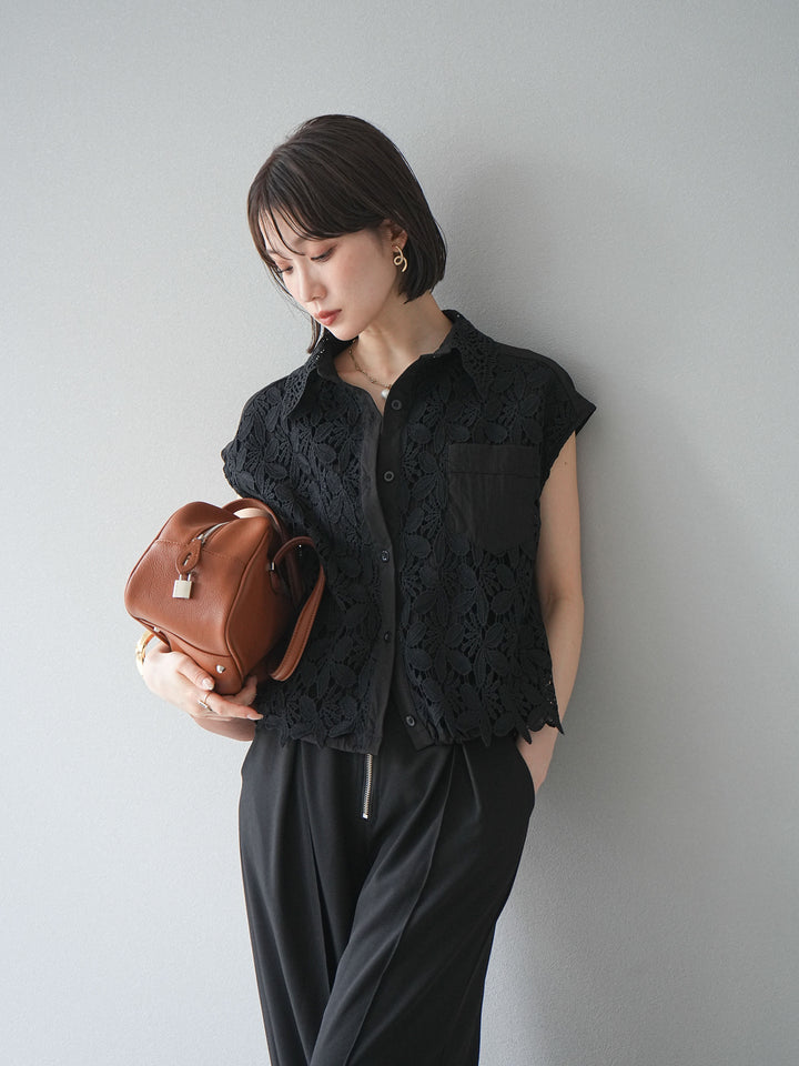 【預購】蕾絲分層抽繩襯衫/黑色
