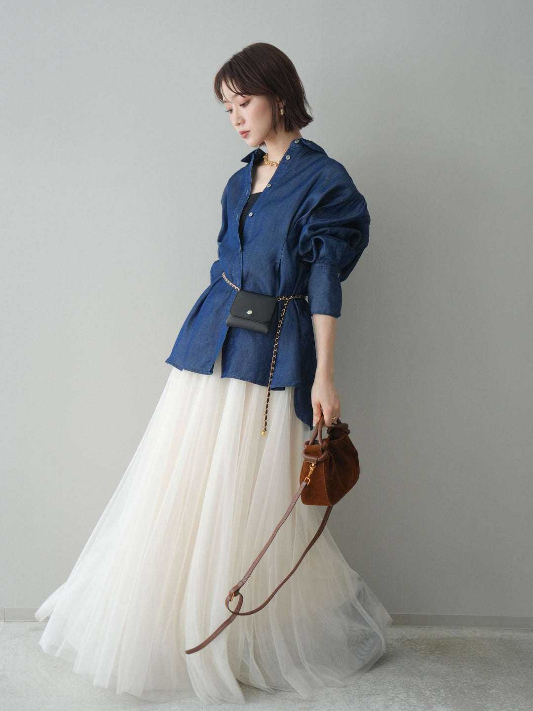 [SET]テンセルデニムタックシャツ+チュールボリュームスカート(2set)
