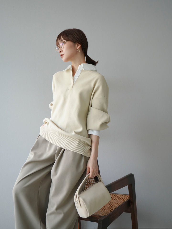 【SET】翻領polo針織套衫+雙褶闊腿褲（2件組）