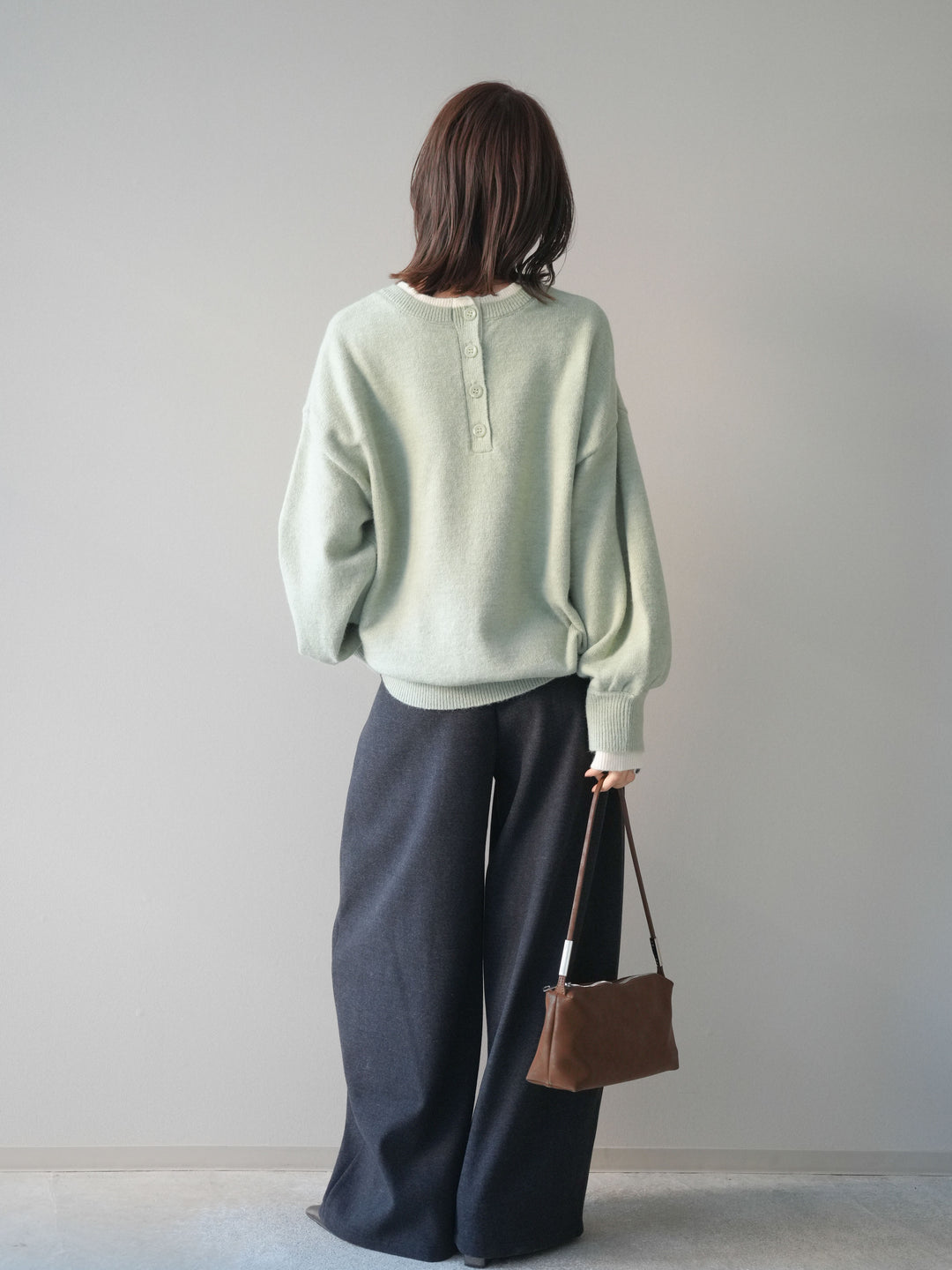 [SET]ヘンリーネック配色レイヤードニットプルオーバー+アニマル柄ベルト付きウールタッチワイドパンツ(2set)