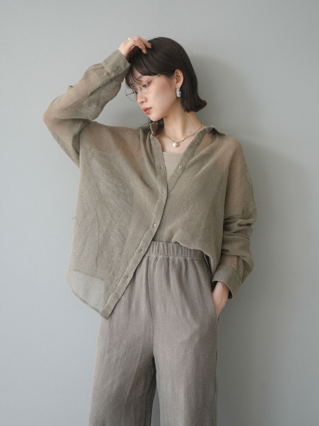 [予約]コットンラメメッシュオーバーシャツ/ベージュ