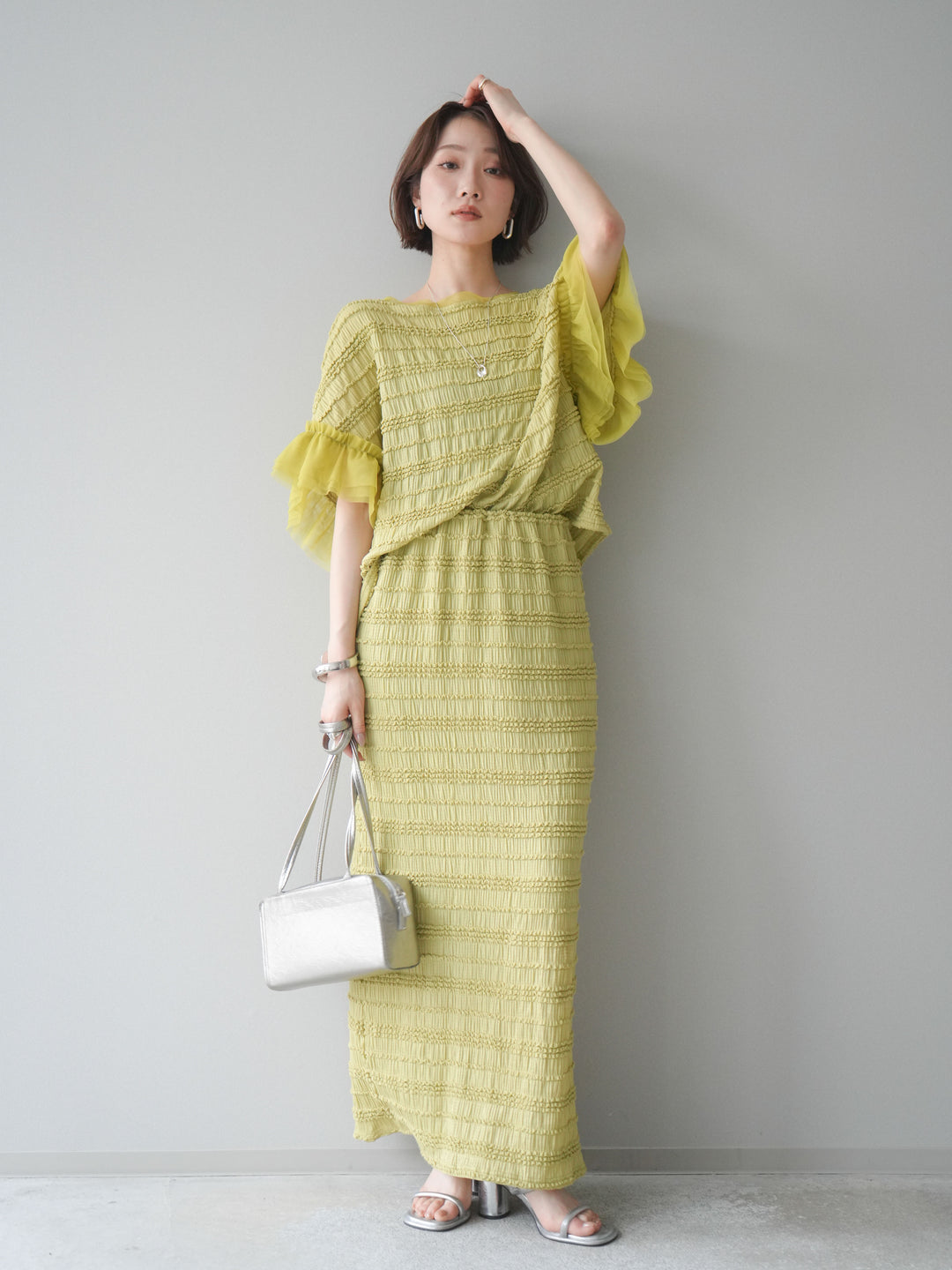 [SET]チュール袖リップルトップス+リップルIラインスカート(2set)