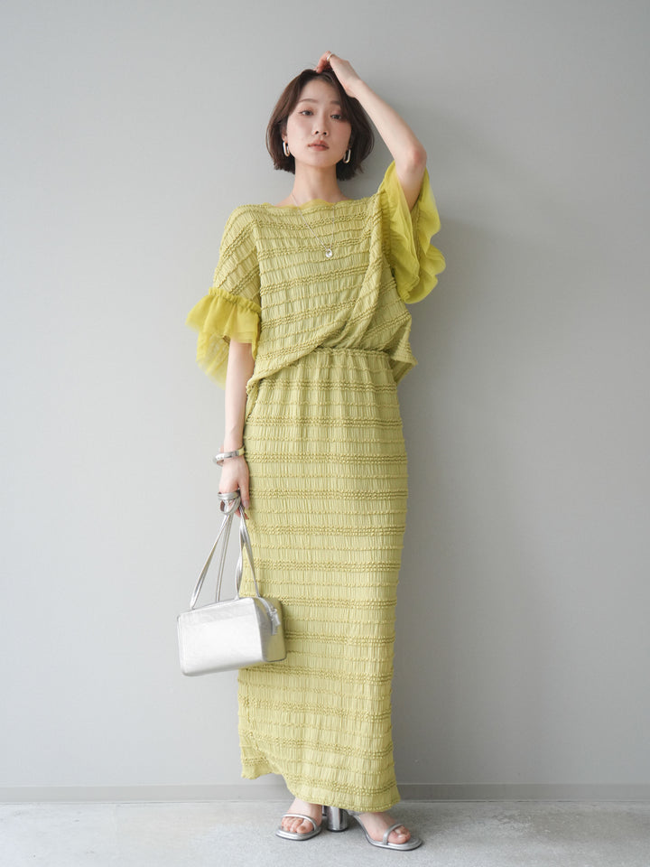 [SET]チュール袖リップルトップス+リップルIラインスカート(2set)