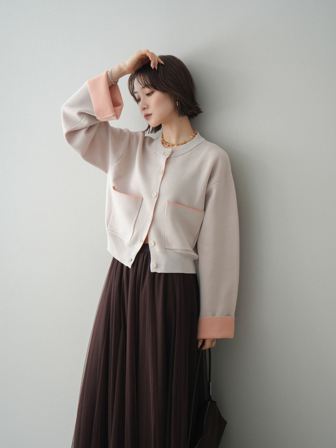 [予約]レーヨンポリダブルフェイスニットカーディガン/beige