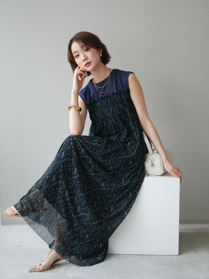 [予約]チュールプリントノースリーブトップス/navy