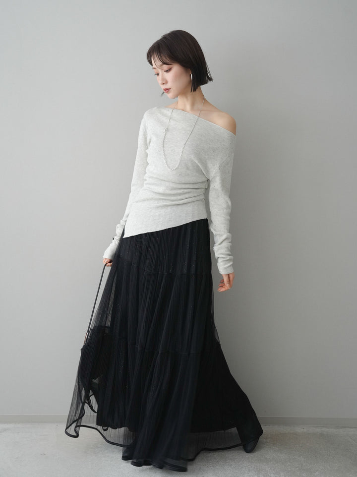 [予約]ラメプリーツレイヤードチュールロングスカート/black