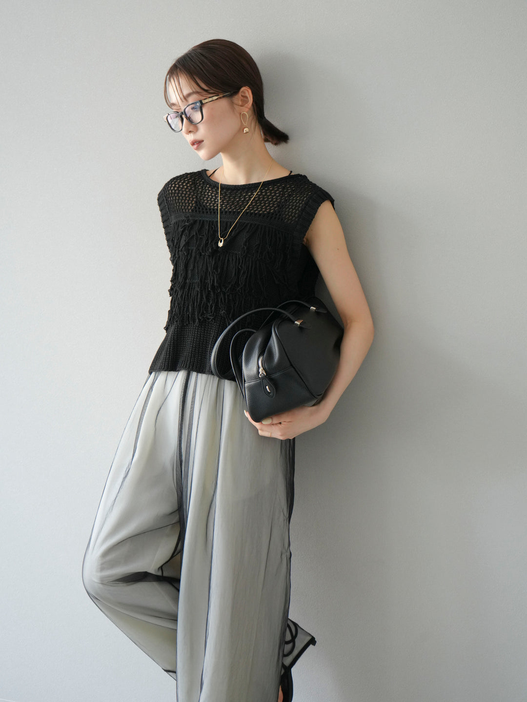 [SET]透かし編みフリンジニットトップス+コード刺繍チュールレイヤードパンツ(2set)