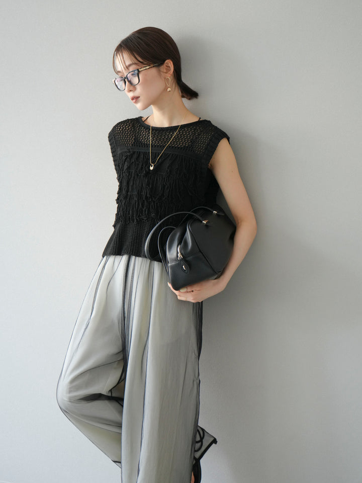 [SET]透かし編みフリンジニットトップス+コード刺繍チュールレイヤードパンツ(2set)