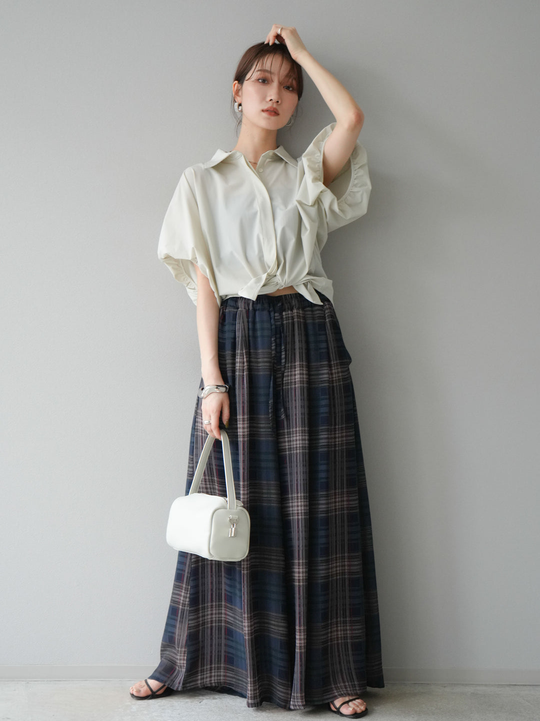 [預購] 透視格紋寬鬆褲/藏青色