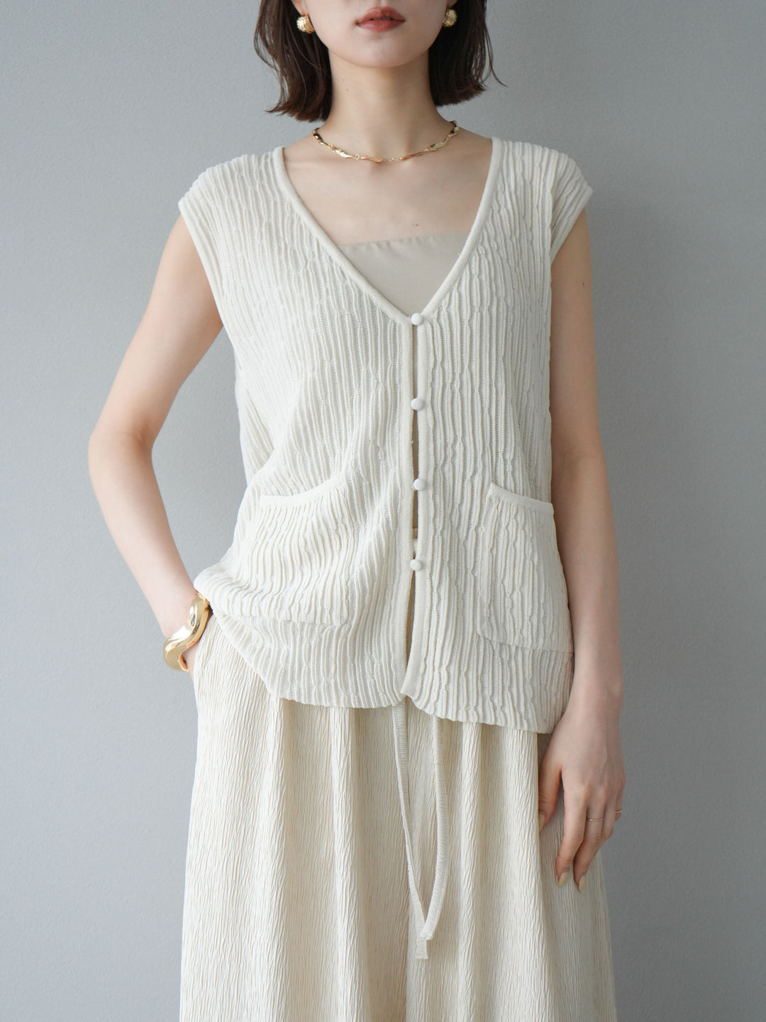 [SET] 波浪夏季針織背心+柳葉寬腿褲（2件套）