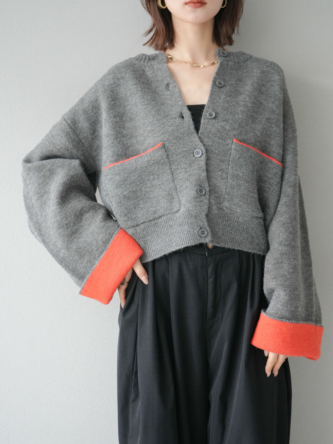 【SET】雙色針織開襟衫+褶襉設計寬褲（2套）