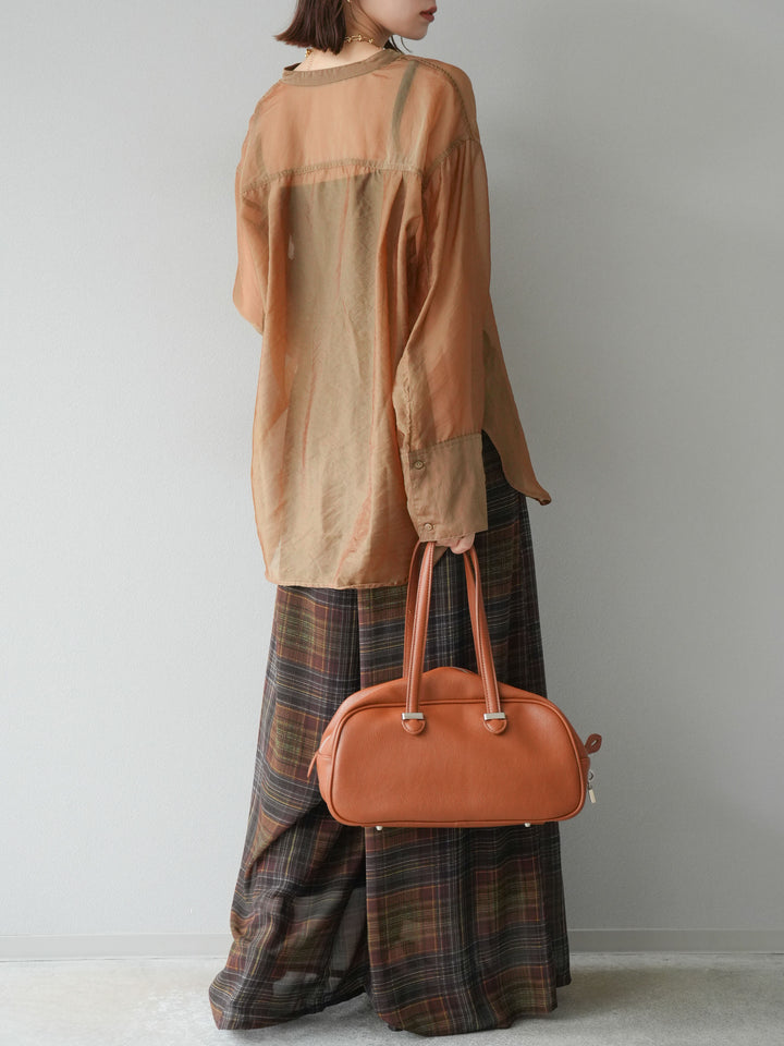 [預購] 透視格紋寬鬆褲/棕色