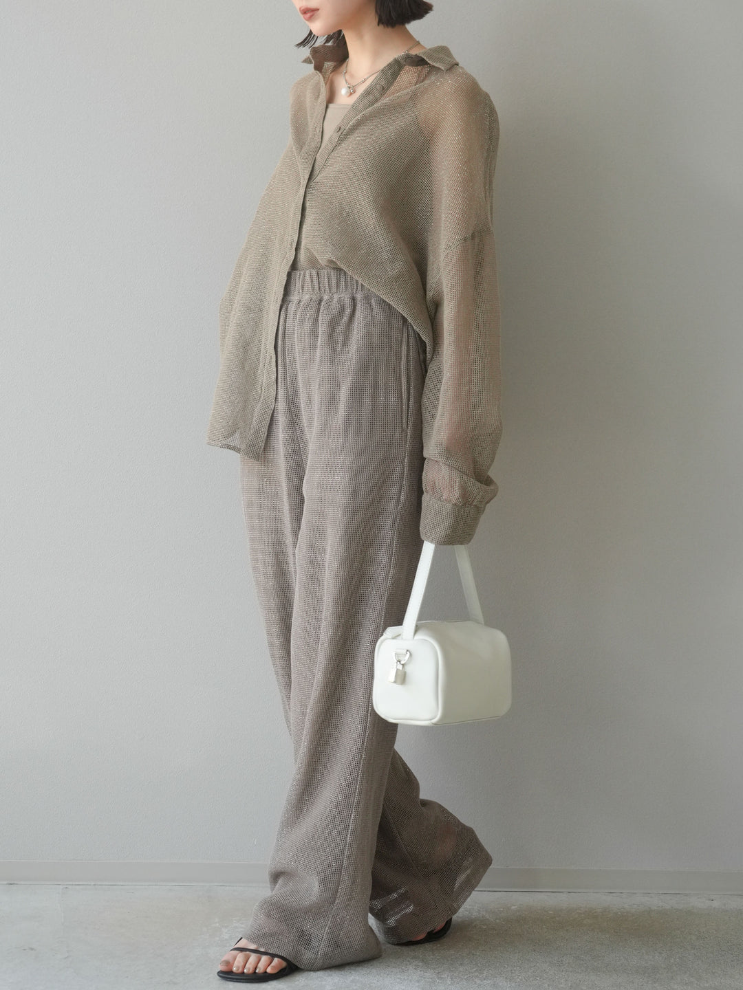 [預購] 棉金銀絲網眼休閒褲/米色