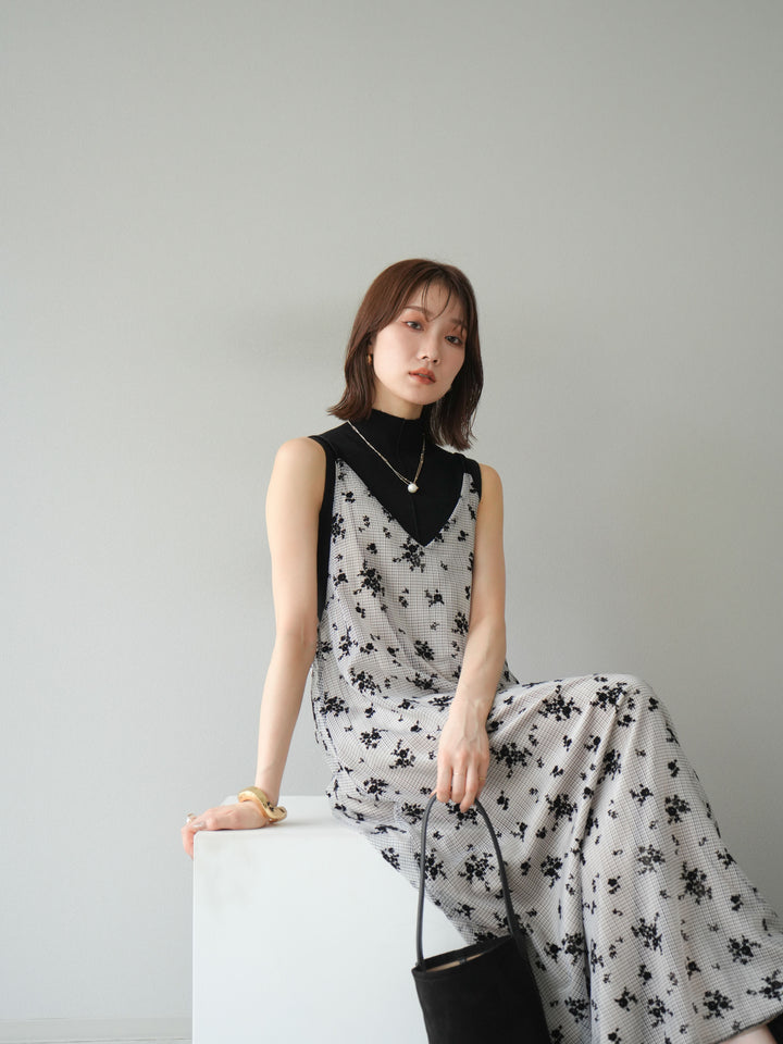 [SET]フロッキーチュールレイヤードベロアキャミワンピース+プチネックセンターシームノースリーニットトップス(2set)