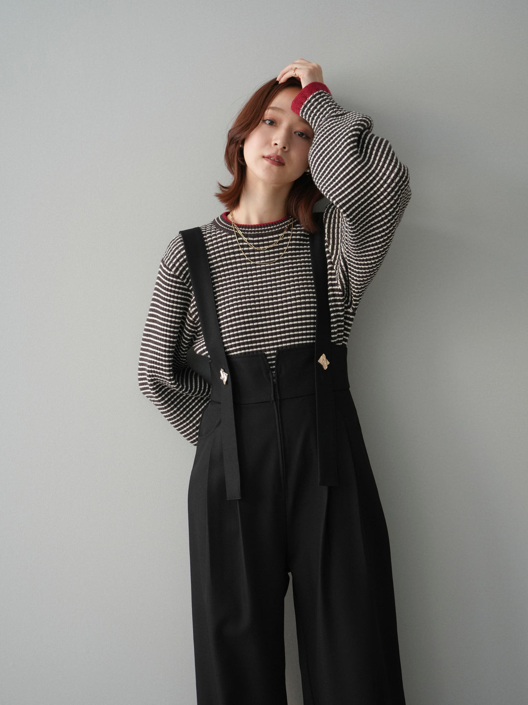 [SET]ラメ異素材ボーダーリブニットプルオーバー+ゴールドボタンサスペンダーワイドパンツ(2set)