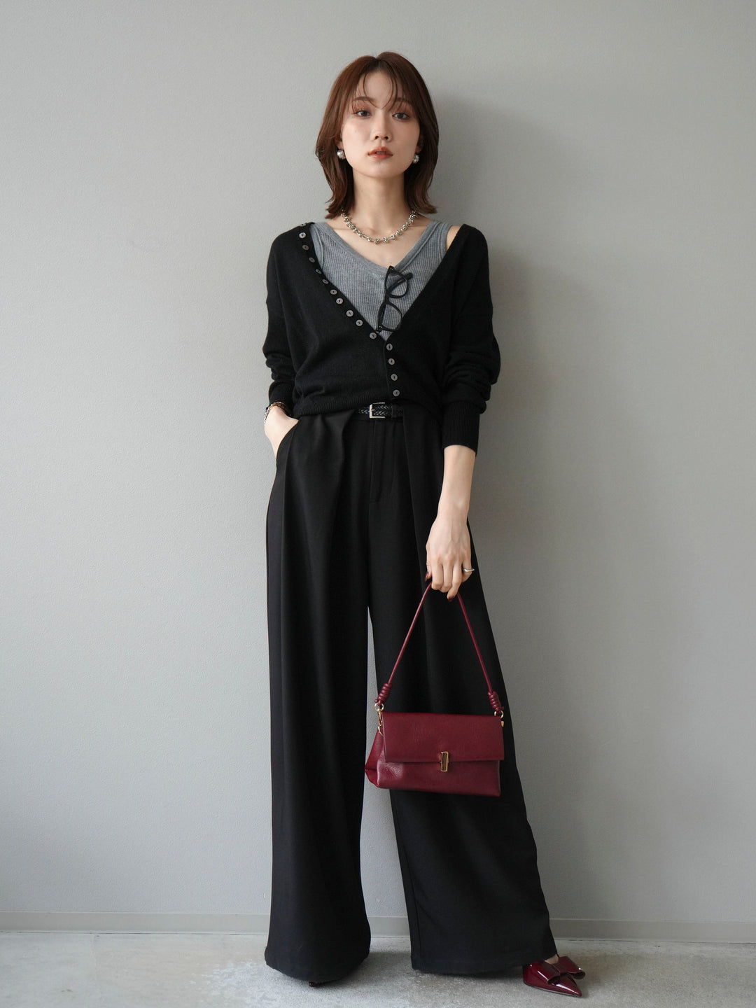 [SET]デザインボタンニットカーディガン＆タンクトップSET+ベルトループデザインワイドパンツ(2set)