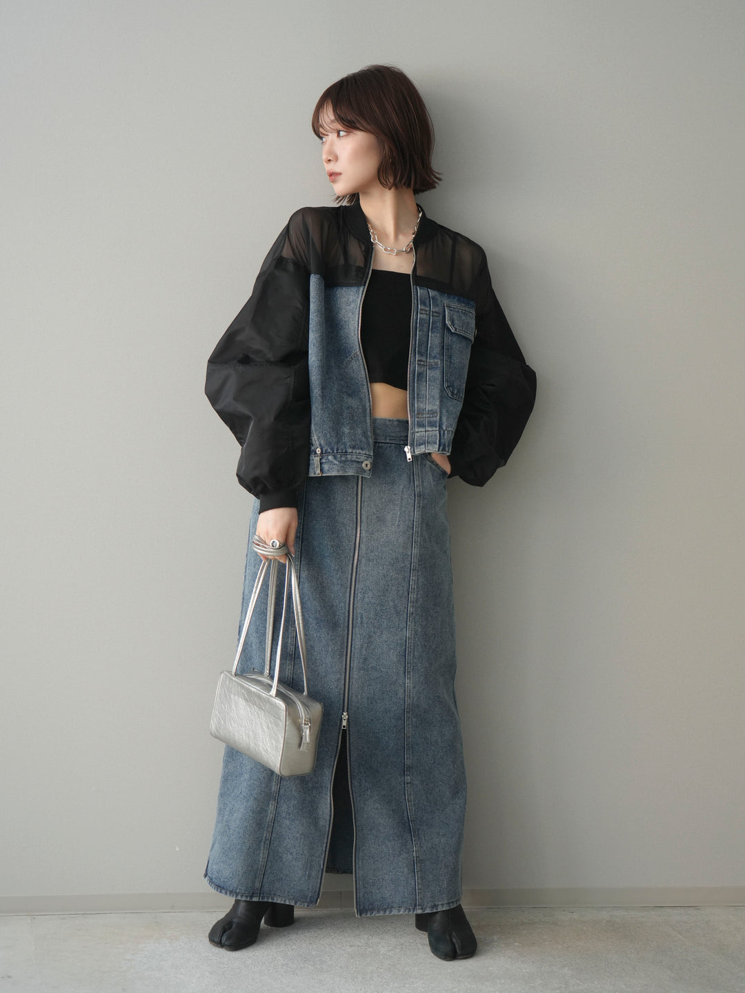[SET]異素材デニムブルゾン+フロントジップデニムスカート(2set)