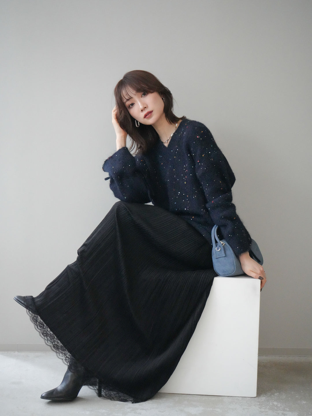 [予約]キャンディースリーブカラーネップスパンコールニットプルオーバー/navy