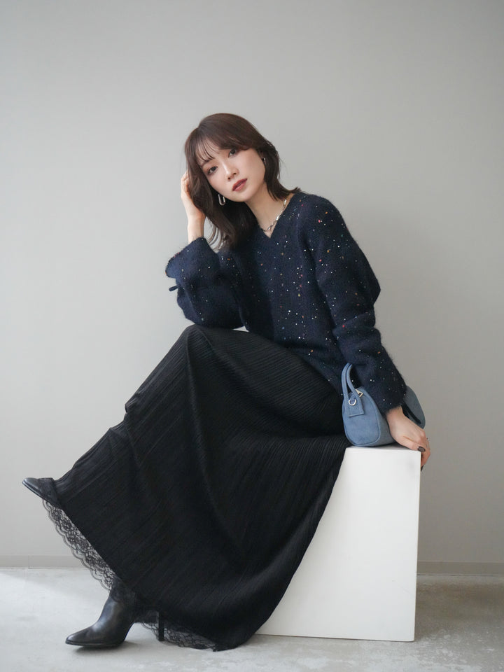 [予約]キャンディースリーブカラーネップスパンコールニットプルオーバー/navy