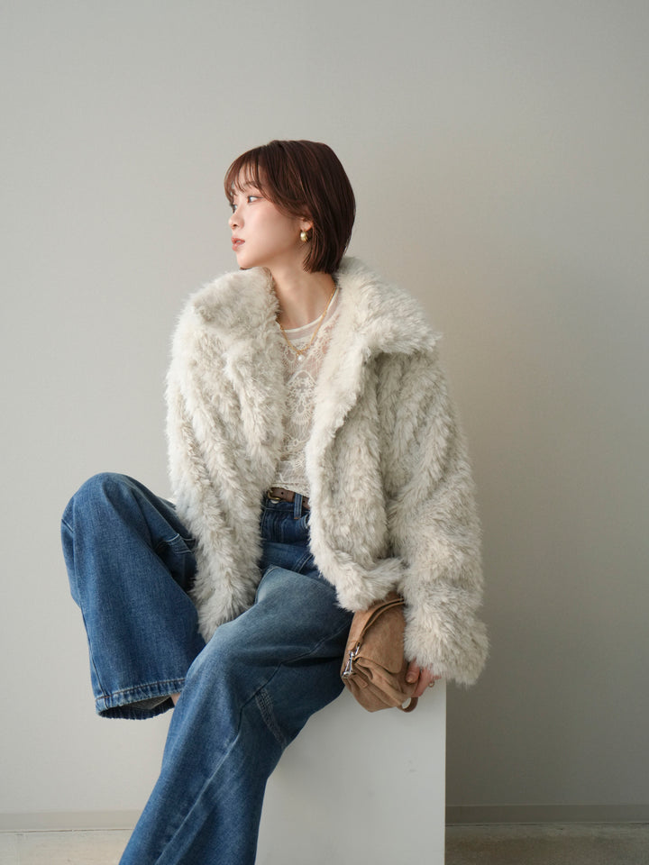 [SET]フェイクファー襟付きショートブルゾン+チュールレーストップス(2set)