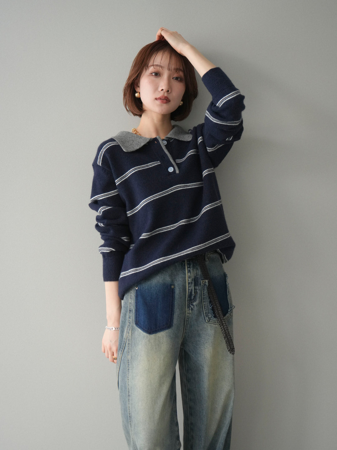 [予約]バイカラーボーダーポロニットプルオーバー/navy