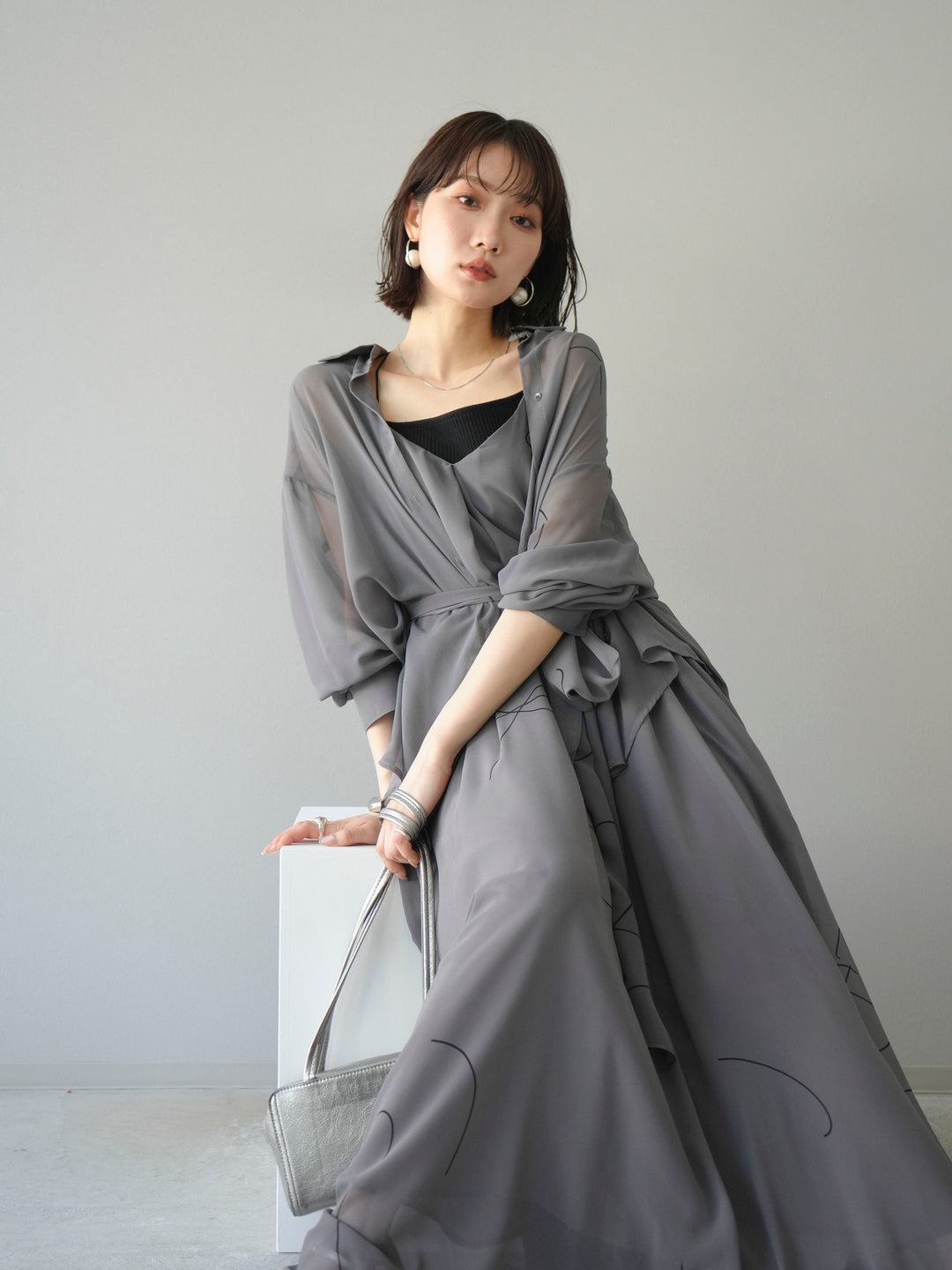 [SET]ペンタッチシフォンキャミワンピース+ペンタッチシフォンシャツ(2set)