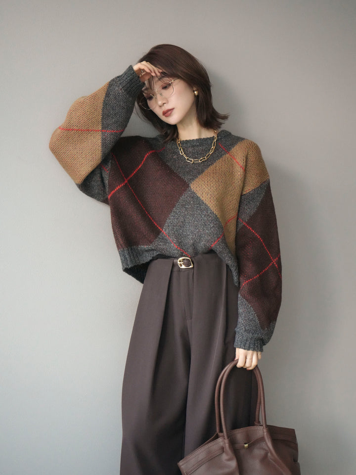 [SET]配色ステッチアーガイル柄ニットプルオーバー+選べるアクセセット(2set)