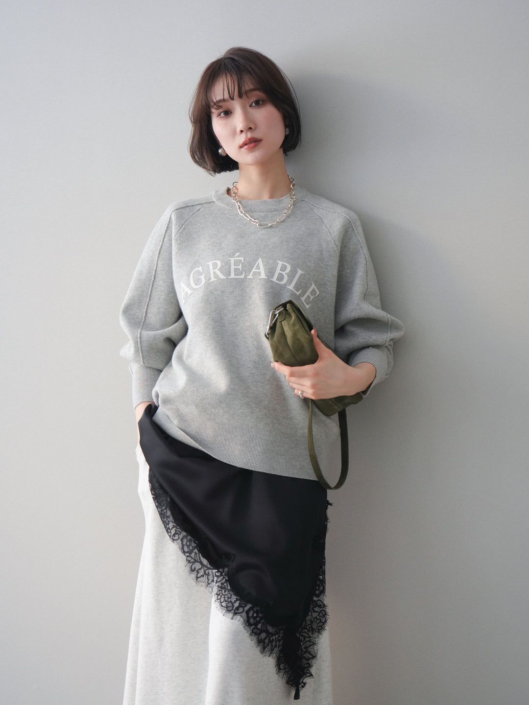 [予約]半ラバープリントロゴスウェットライクニットプルオーバー/mokugray