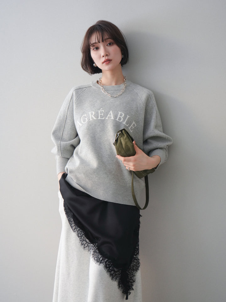 [予約]半ラバープリントロゴスウェットライクニットプルオーバー/mokugray