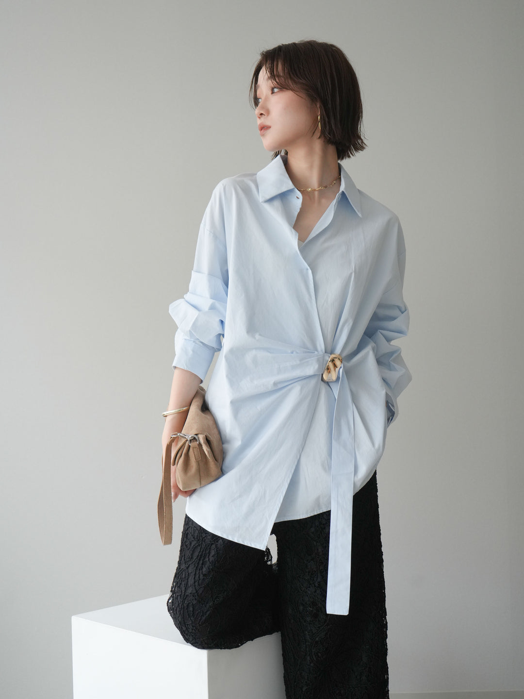 [SET]メタルパーツドレープシャツ+シアーコードレースイージーパンツ(2set)