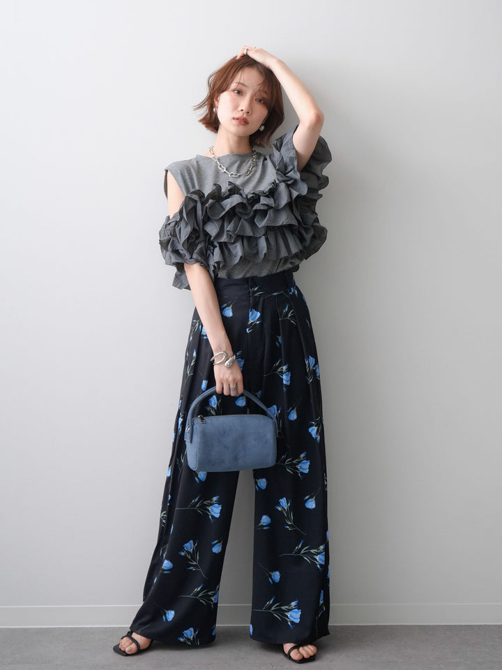 [SET]フリルドッキングノースリカットソー+フラワープリントドレープタックパンツ(2set)