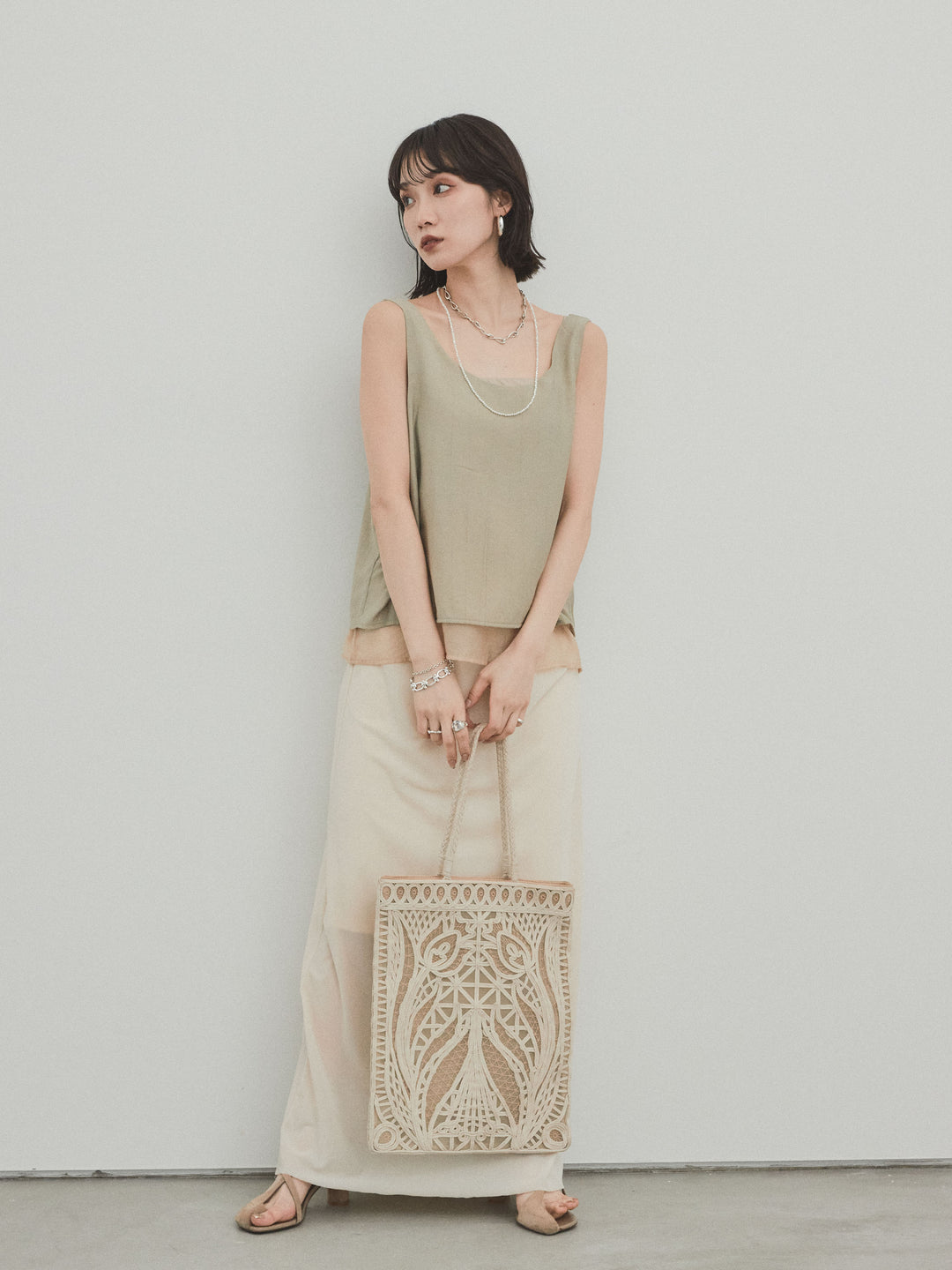 [SET]ワッシャーサテンシアーレイヤードタンクトップ+ベロアナロースカート(2set)