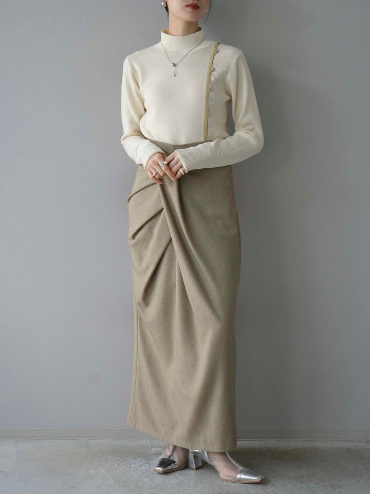 [預訂] 瓶頸配色設計紐扣針織上衣/象牙色