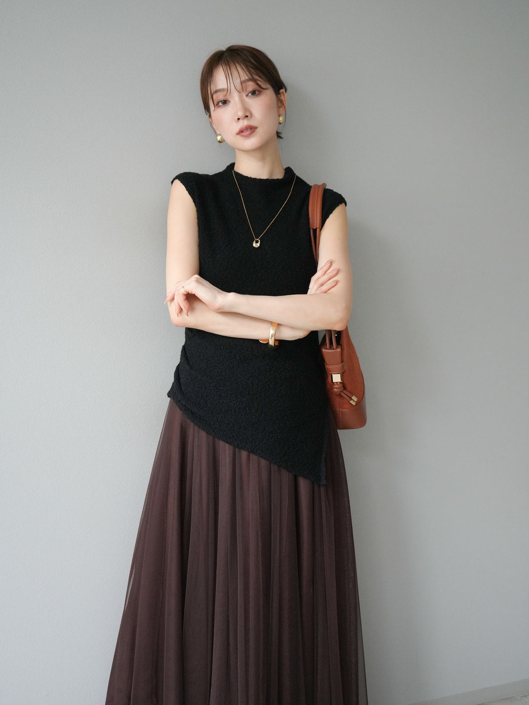 [SET]ブークレアシメニットノースリーブトップス+チュールボリュームスカート(2set)