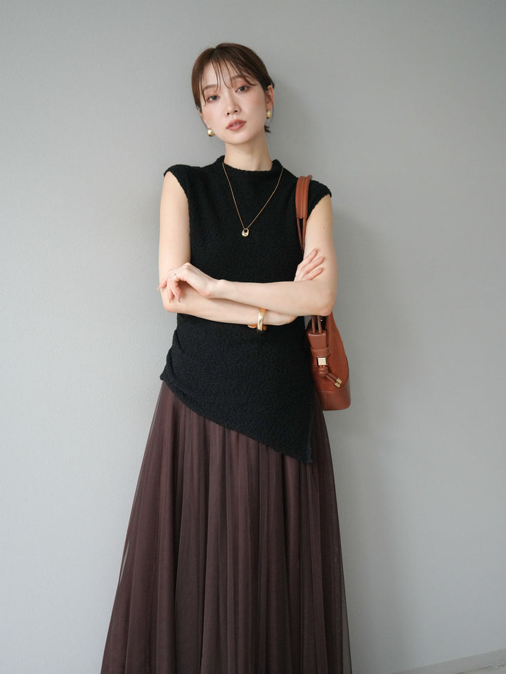 [SET]ブークレアシメニットノースリーブトップス+チュールボリュームスカート(2set)