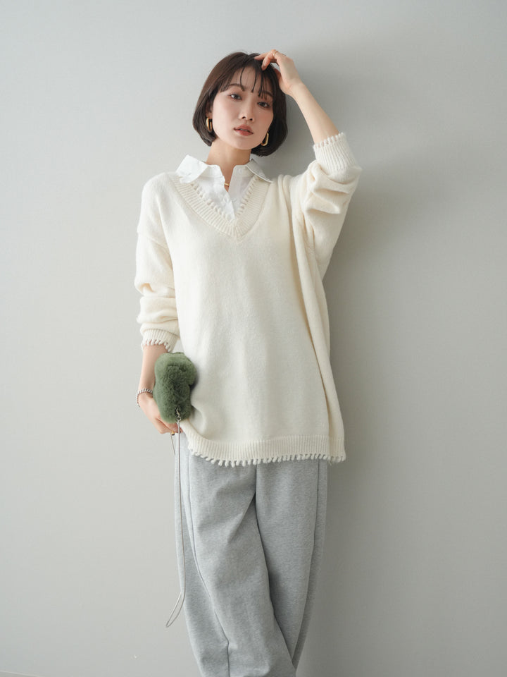 [SET]シャツドッキングVネックフリンジニットプルオーバー+選べるアクセセット(2set)