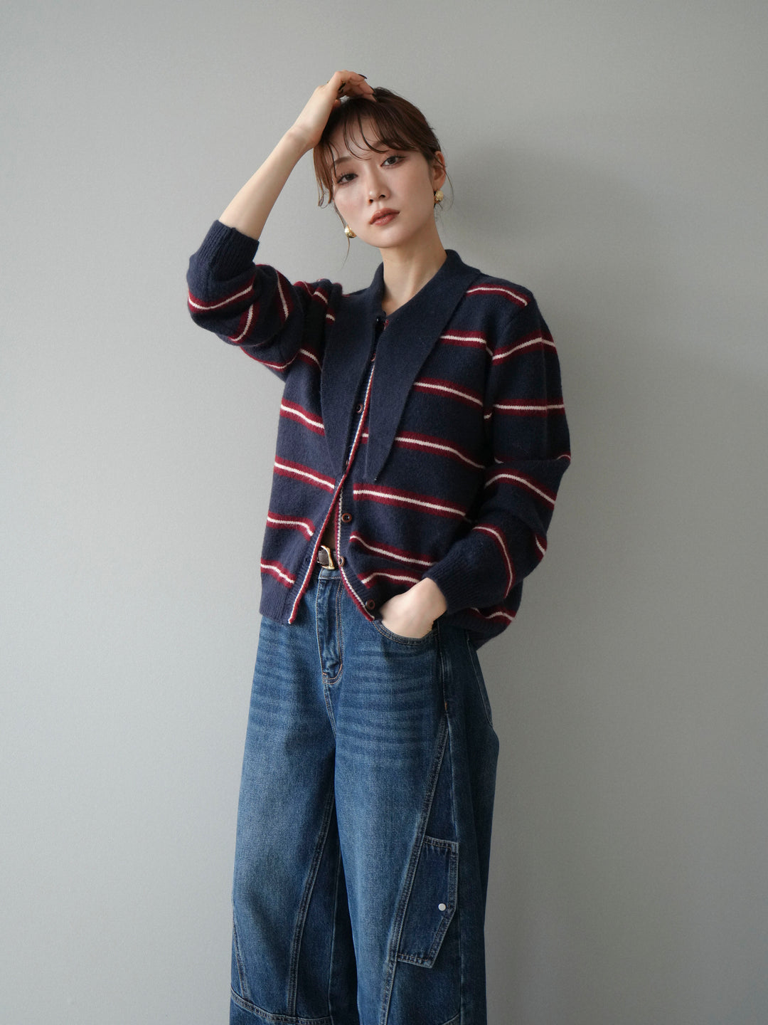 [予約]ボウタイボーダーニットカーディガン/navy