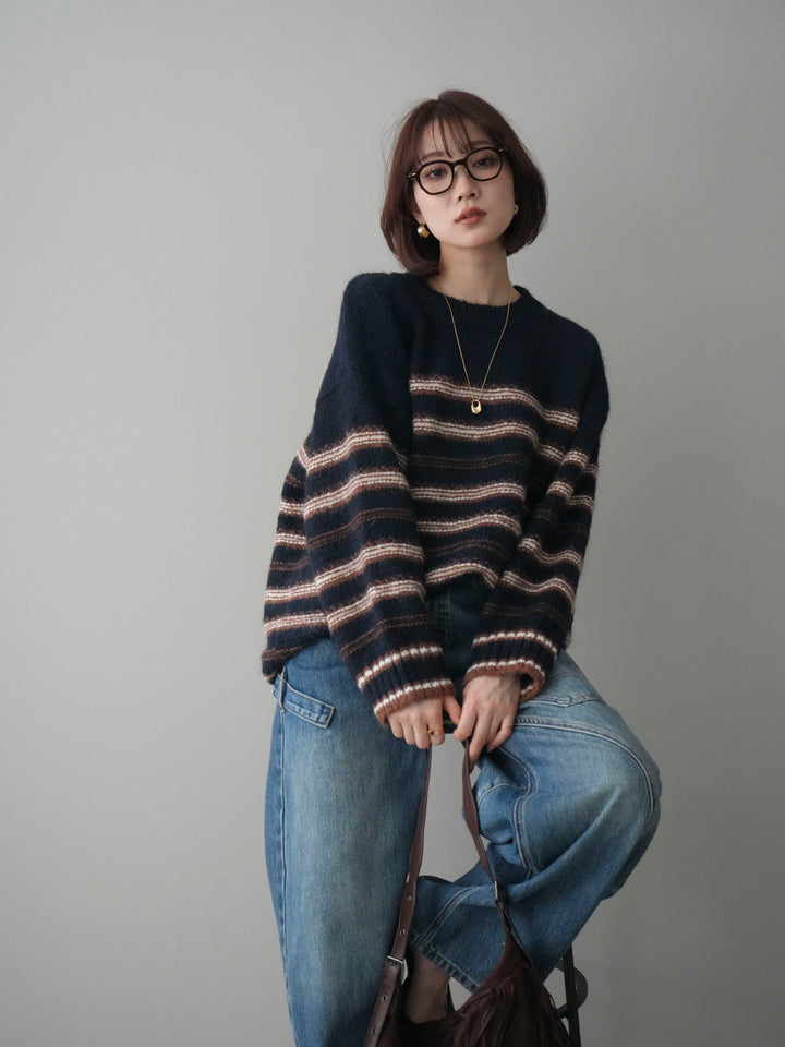 [予約]ステッチボーダーニットプルオーバー/navy