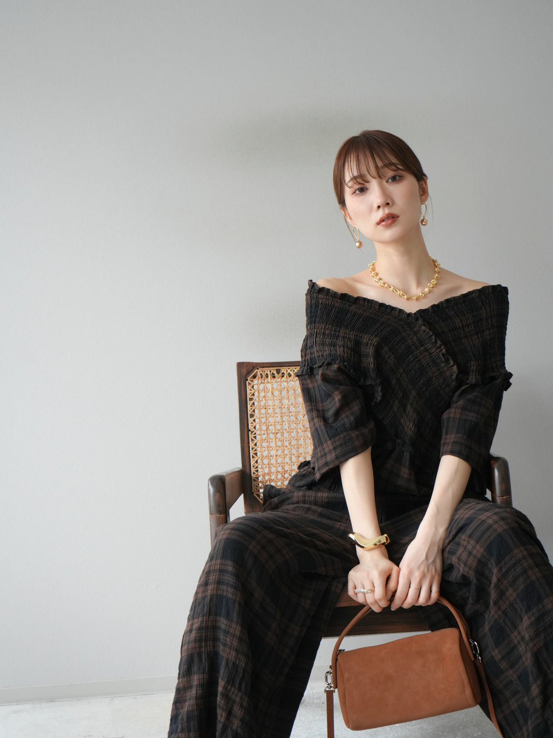 [予約]チェック柄ハーフスリーブシャーリングクロスサロペット/ブラウン