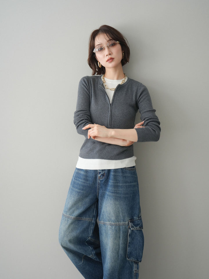 [予約]フロントジップ配色レイヤードニットトップス/gray
