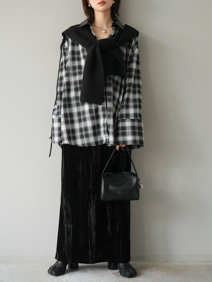 [予約]レザー襟オンブレチェックオーバーシャツ /ブラック