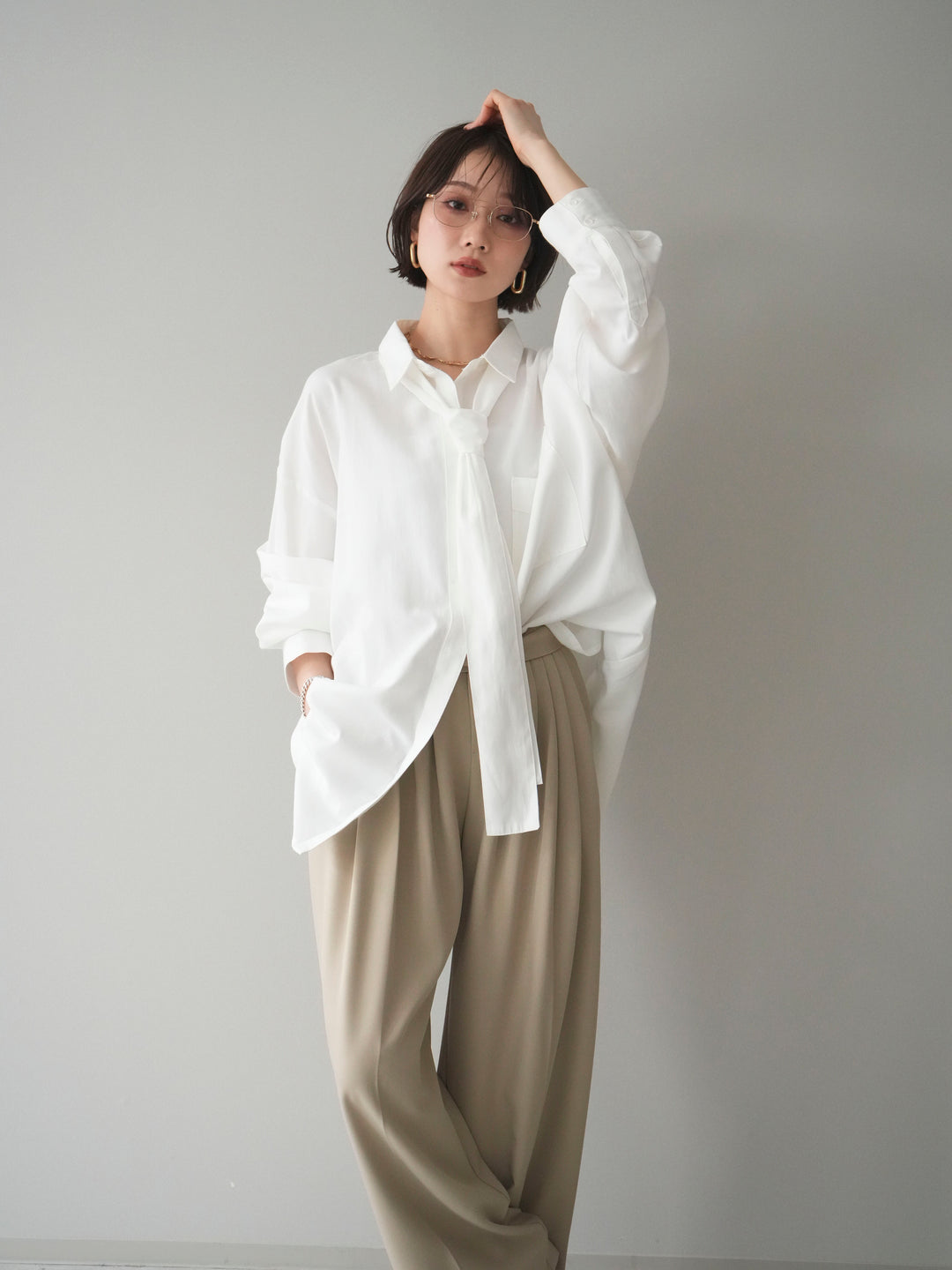 [予約]コットンライクボウタイオーバーシャツ/offwhite