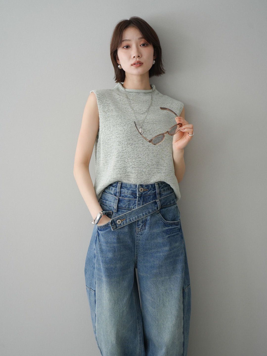 [予約]ノースリーブリネンタッチシアーニットプルオーバー/green