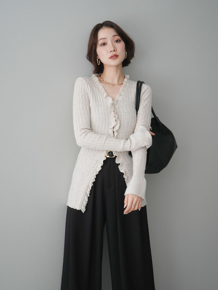 [予約]フロントフリルリブニットカーディガン/beige