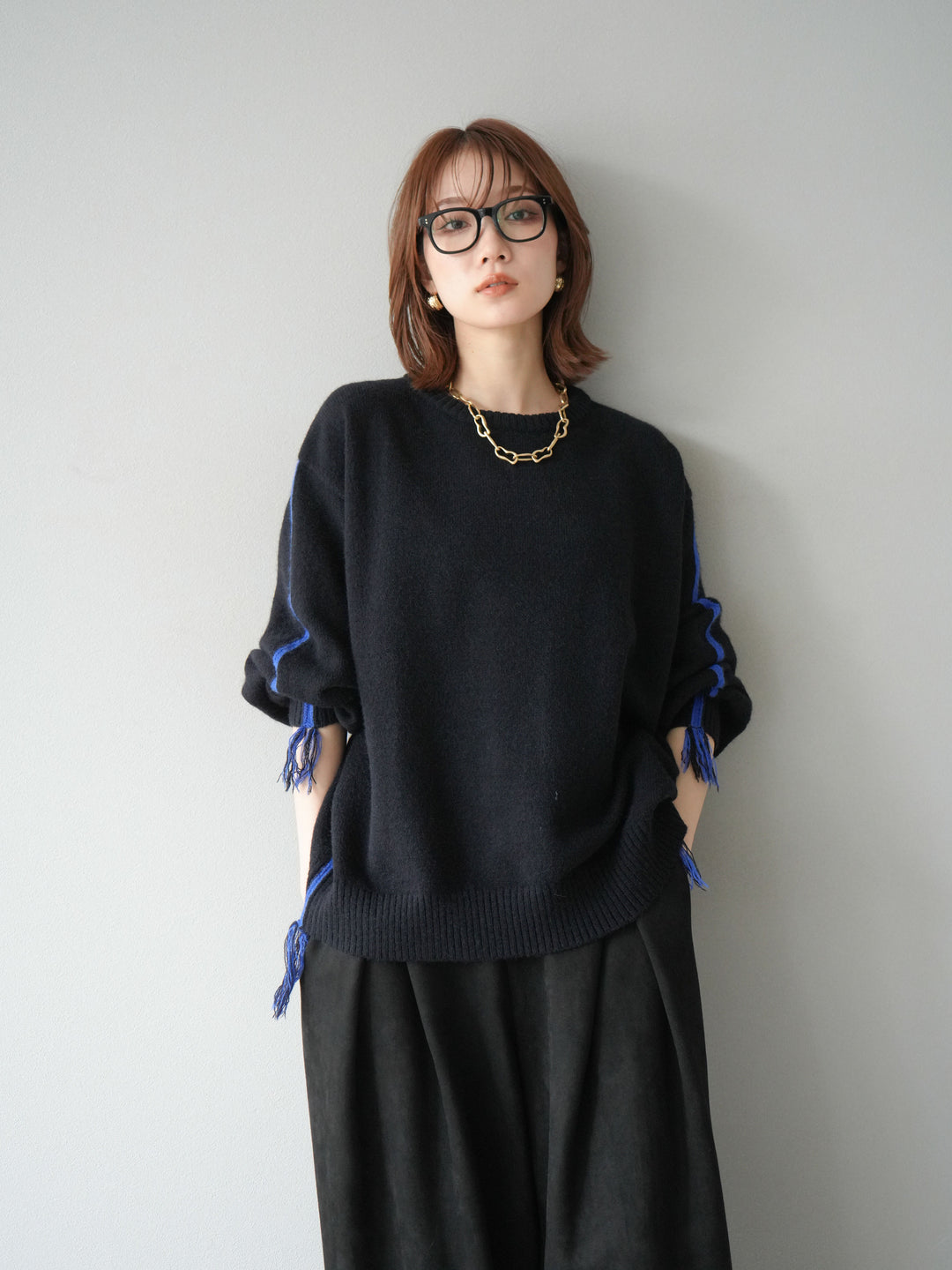 [SET]配色ステッチフリンジニットプルオーバー +スウェードタックワイドパンツ(2set)