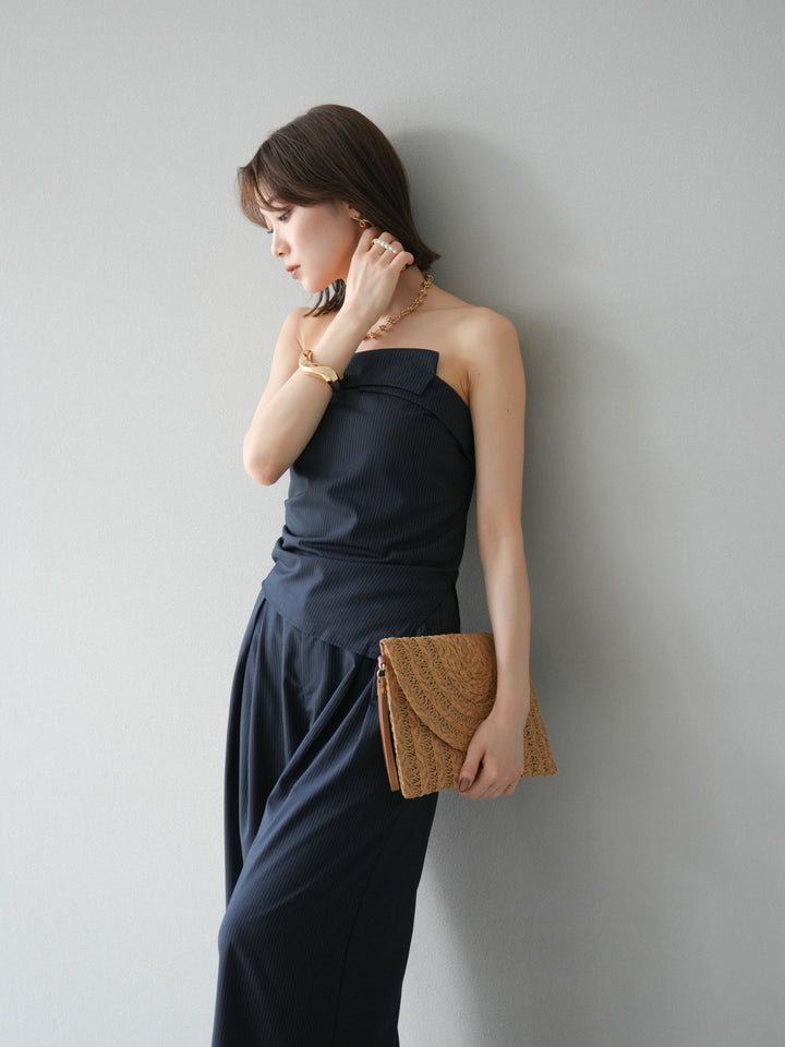 [SET] 條紋褶襉露肩上衣＆寬褲 SET UP (2set)