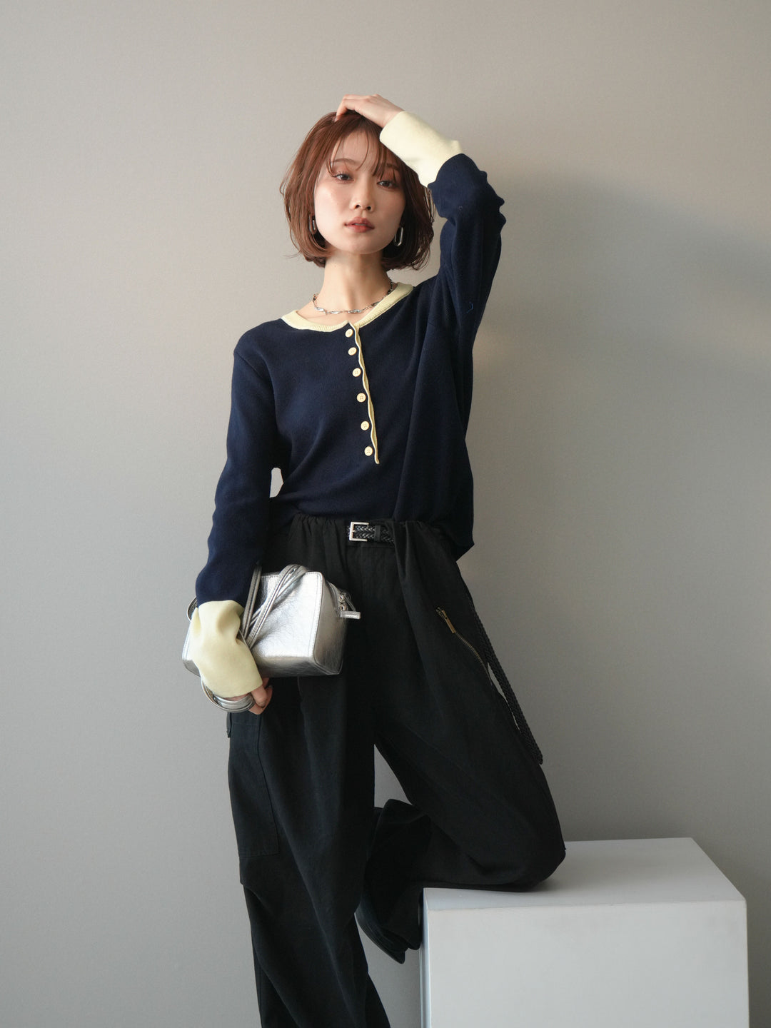 [予約]ヘンリーネック配色ニットソー/navy